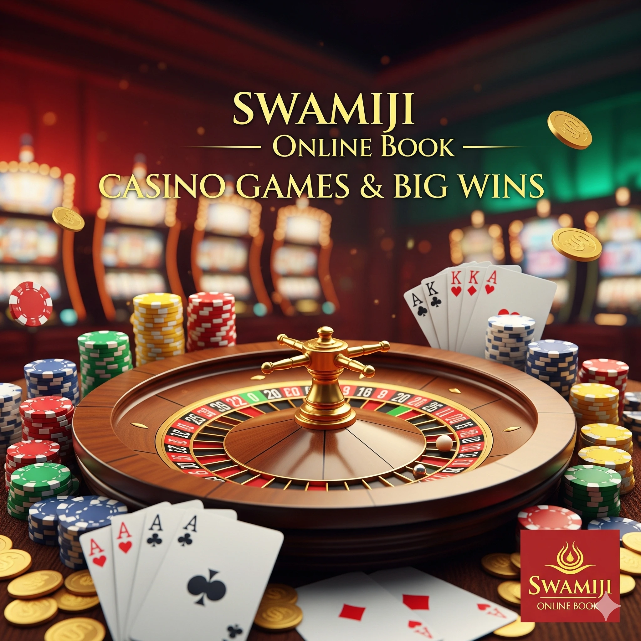Swamiji Online Book casino games poster with roulette and poker chips