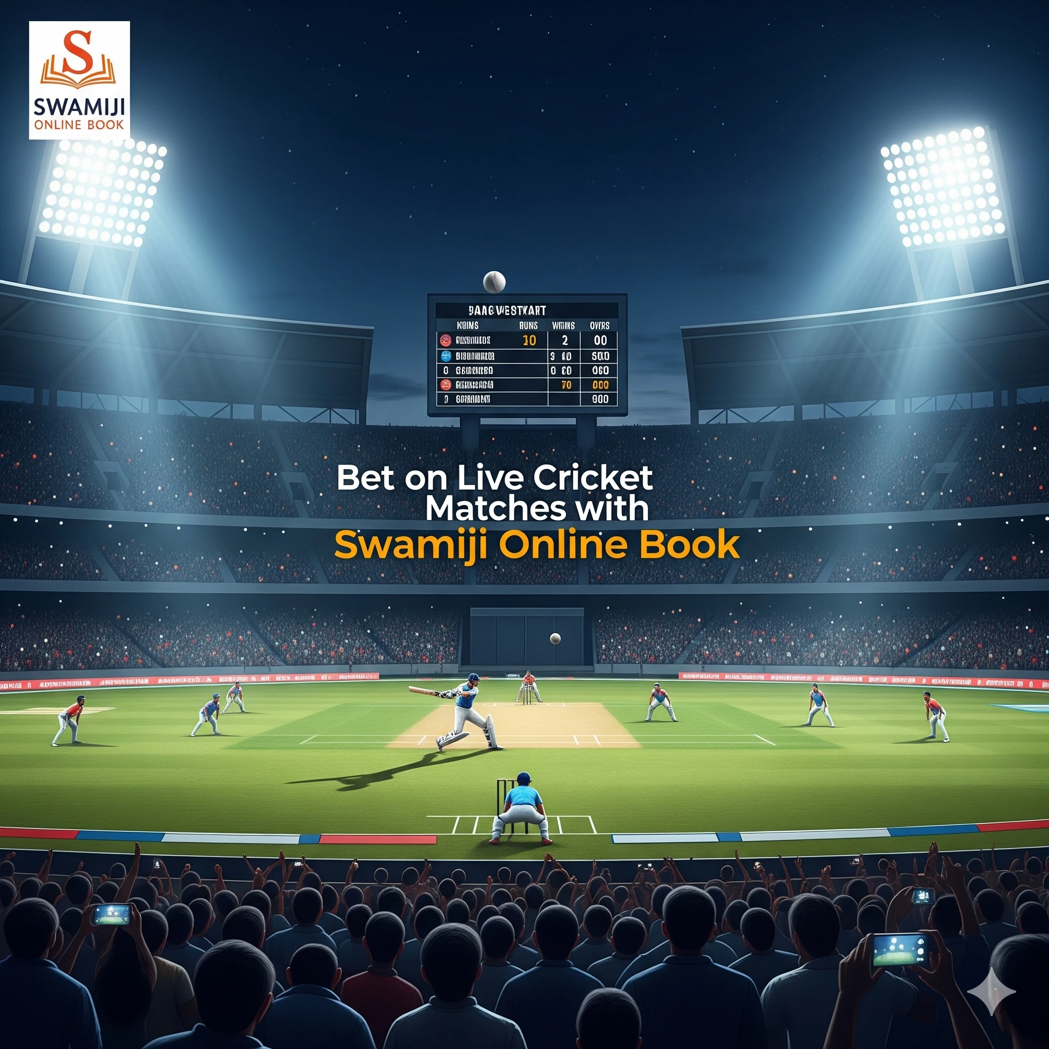 Swamiji Online Book cricket betting poster with live stadium background