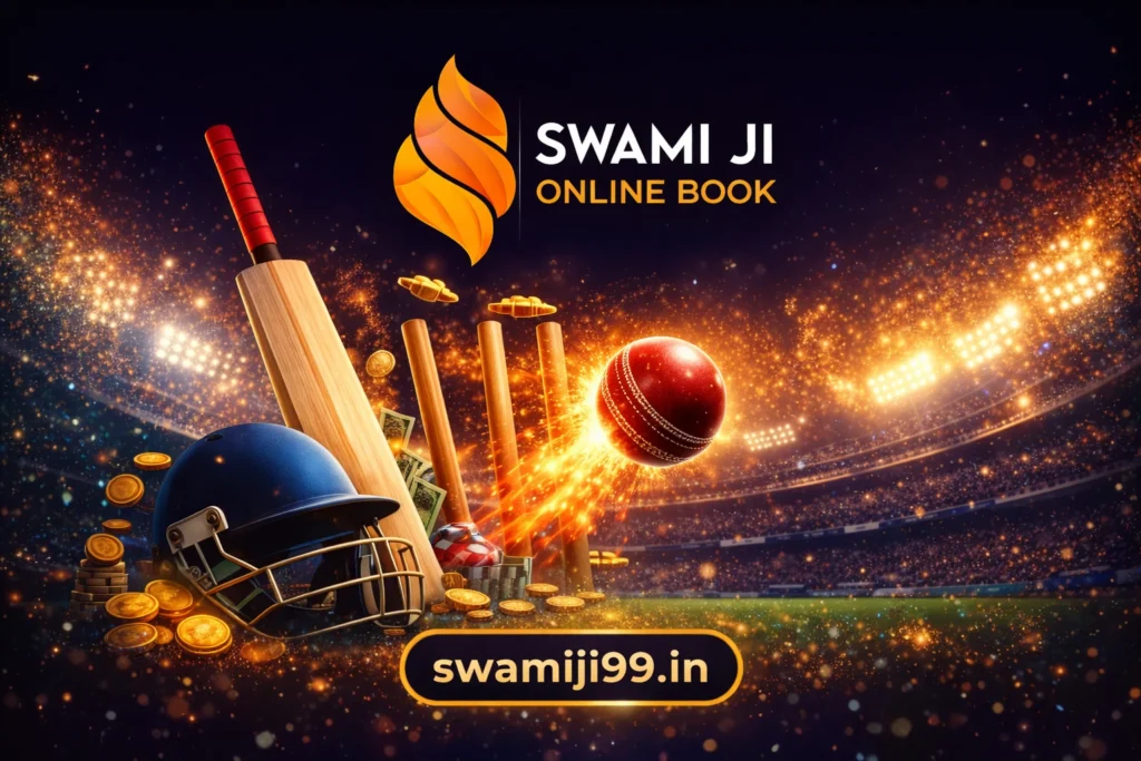 Swamiji Online Book ID cricket betting image showing bat, ball, stadium and online gaming platform swamiji99.in