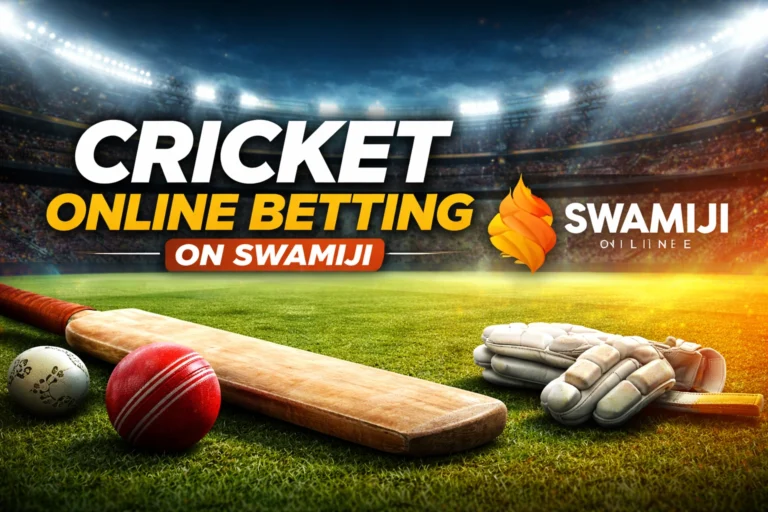 Cricket online betting on Swamiji platform with cricket bat ball stadium and Swamiji logo