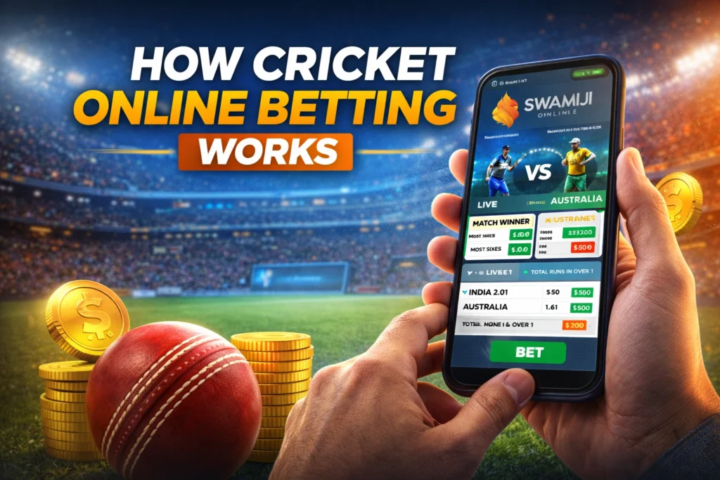 How cricket online betting works on Swamiji platform showing mobile betting interface with cricket match odds and Swamiji logo