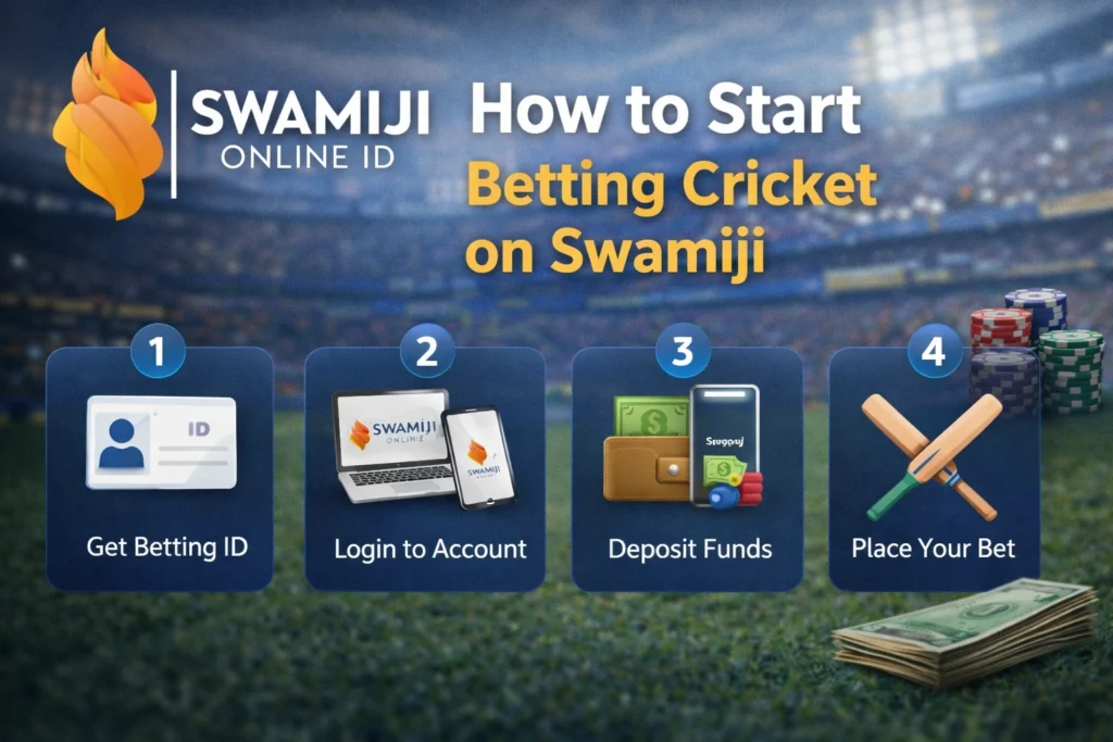 How to start betting cricket on Swamiji step by step guide with Swamiji Online ID logo showing betting ID login deposit and place bet process
