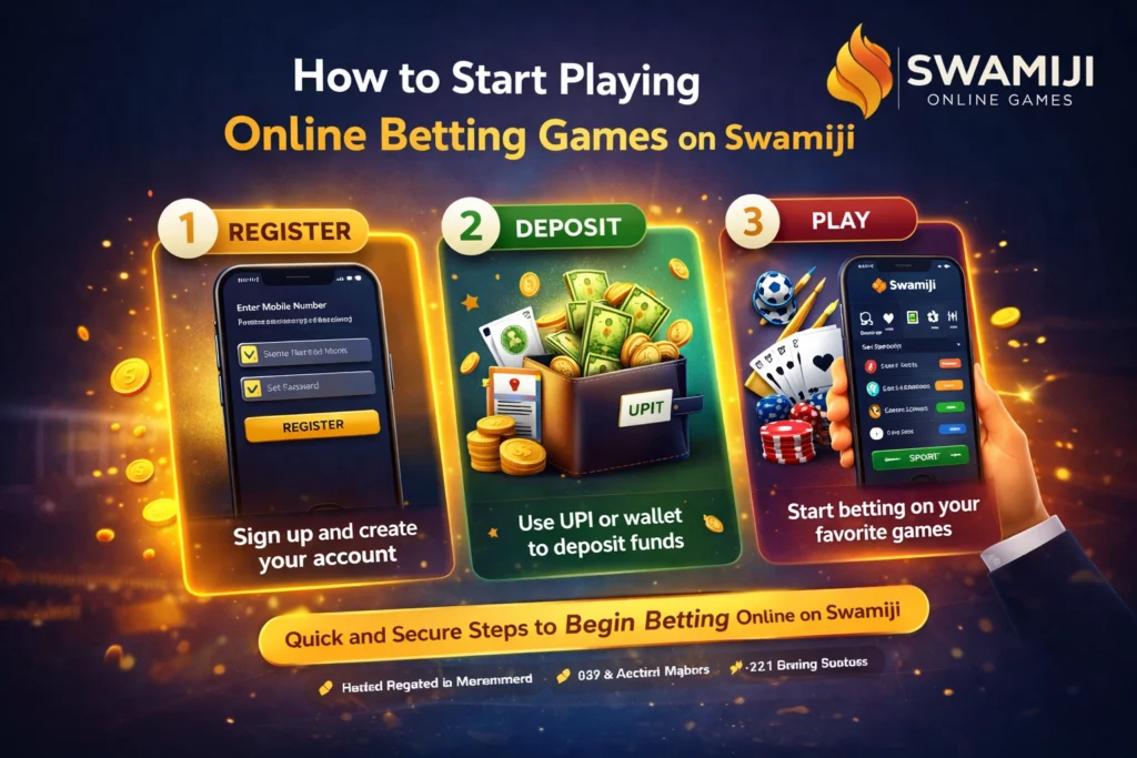 How to start playing online betting games on Swamiji with registration, deposit, and betting steps shown on mobile interface