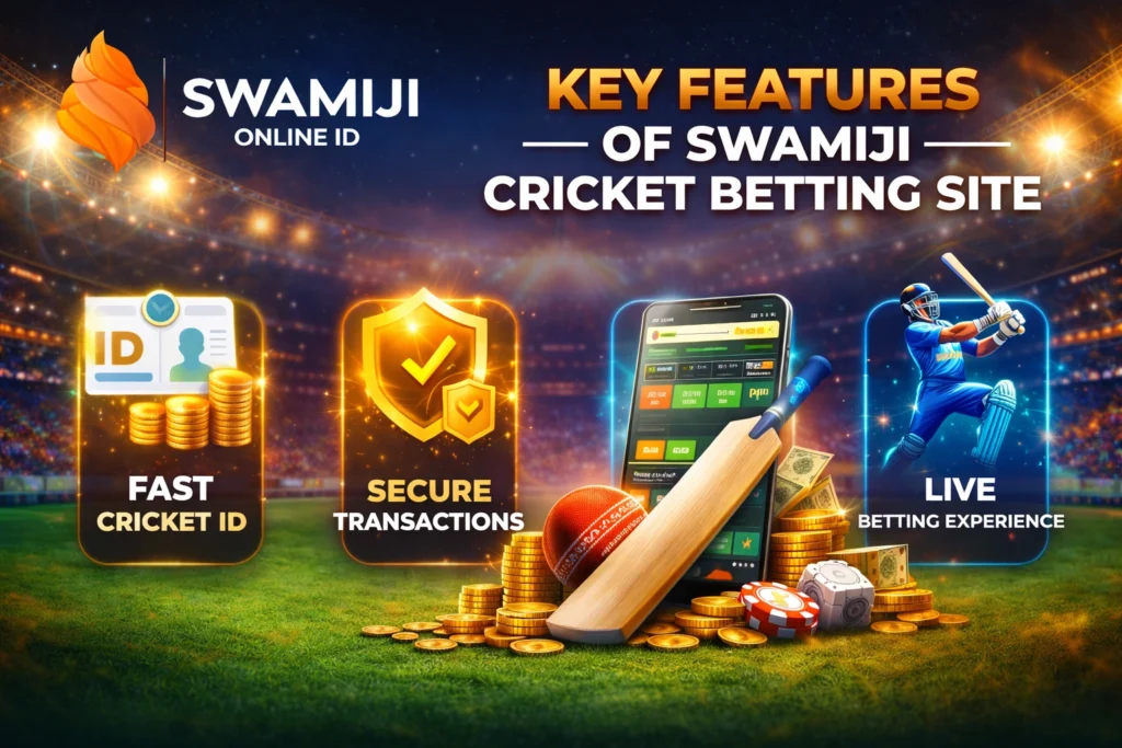 Key features of Swamiji cricket betting site showing fast cricket ID, secure transactions and live cricket betting platform