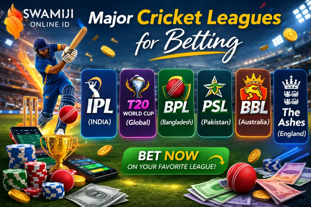 Major cricket leagues for betting including IPL BBL PSL BPL and ICC tournaments with Swamiji Online ID logo