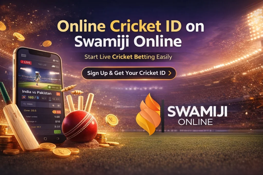 Online Cricket ID on Swamiji Online platform with live cricket betting interface and Swamiji logo