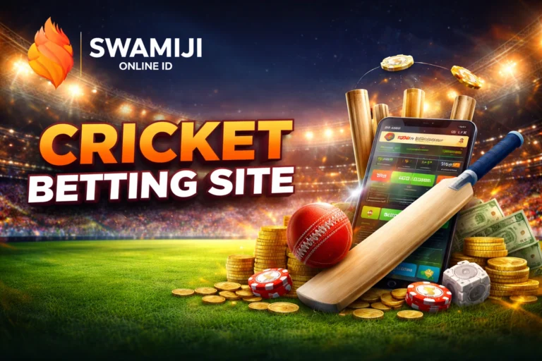 Swamiji cricket betting site online ID platform with cricket bat, ball, stadium, and betting interface