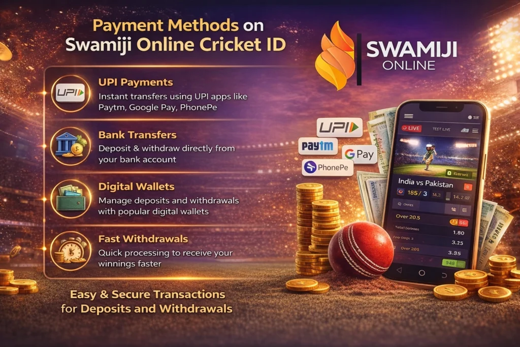 Payment methods on Swamiji Online Cricket ID including UPI, bank transfer and digital wallet deposits