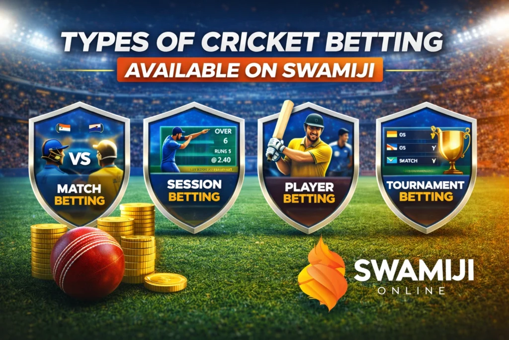 Types of cricket betting available on Swamiji including match betting session betting player betting and tournament betting