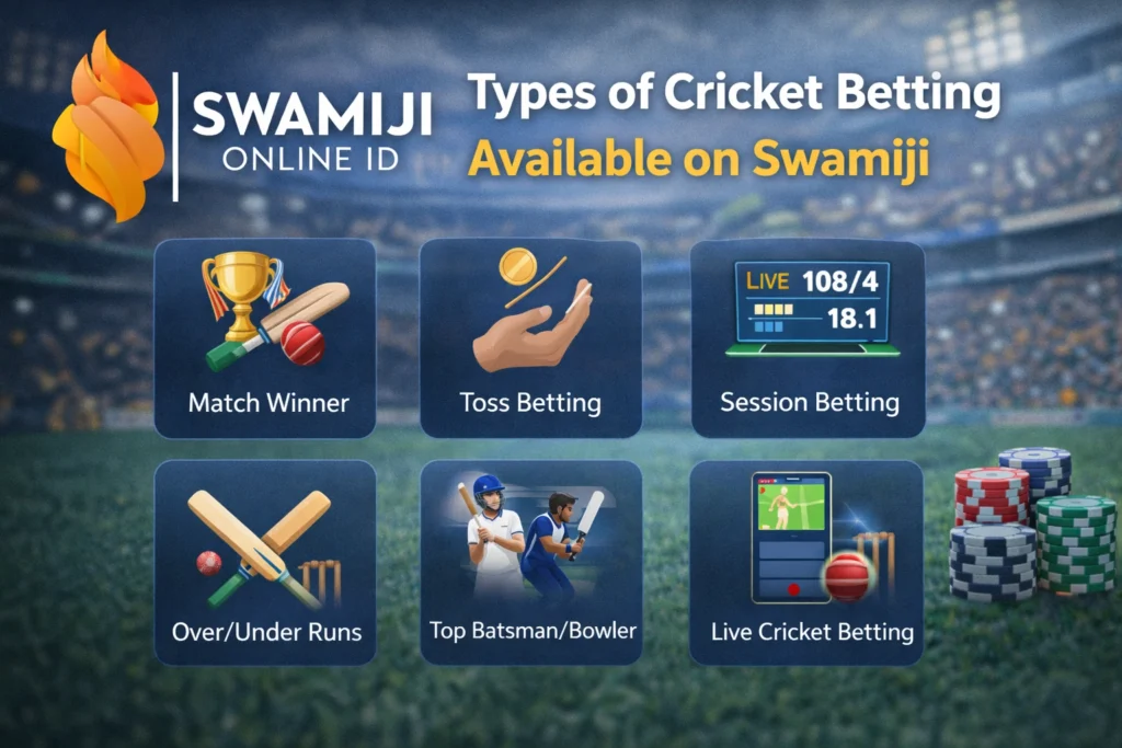 Types of Cricket Betting available on Swamiji including match winner toss betting session betting over under runs top batsman bowler and live cricket betting
