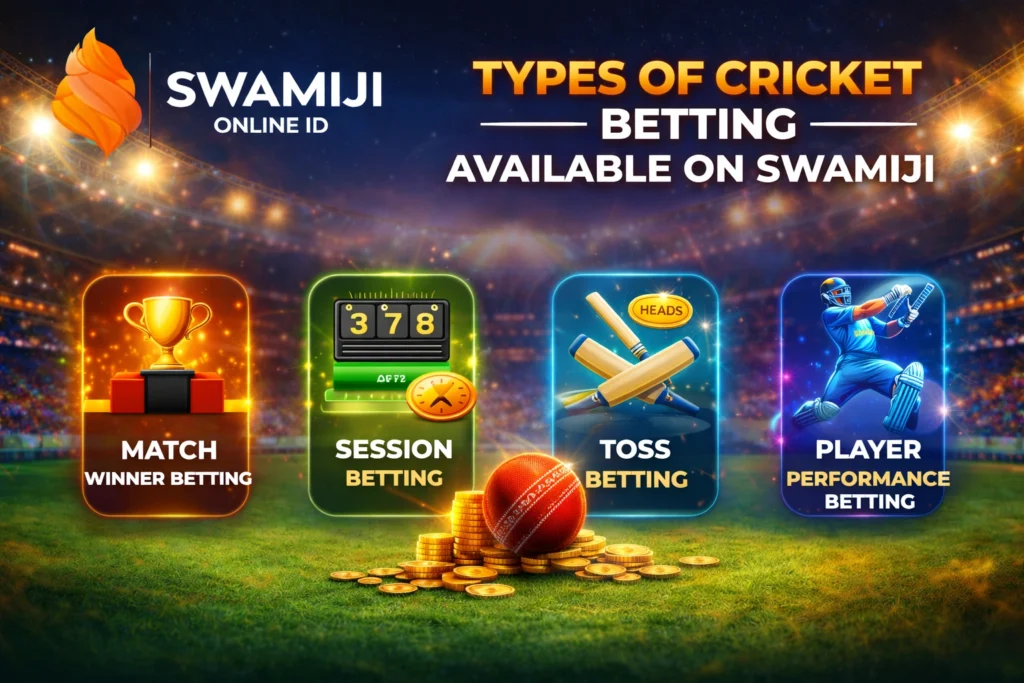 Types of cricket betting available on Swamiji cricket betting site including match winner betting, session betting, toss betting and player performance betting
