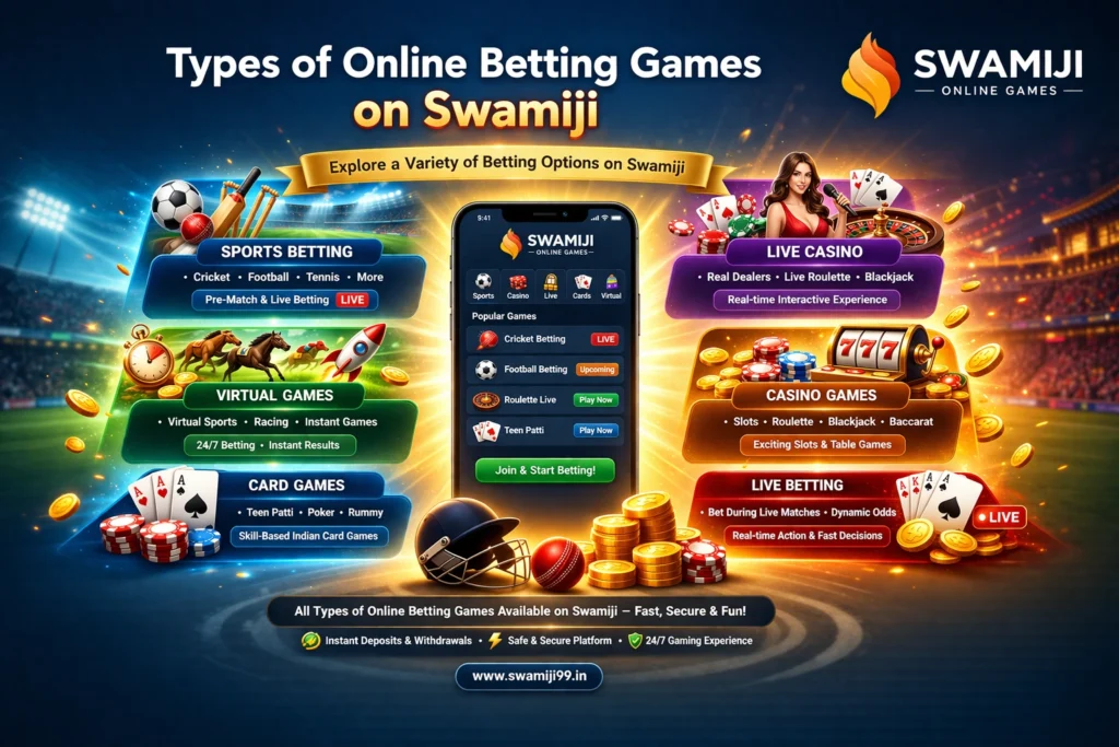 Types of online betting games on Swamiji including sports betting, virtual games, casino games, live casino and card games
